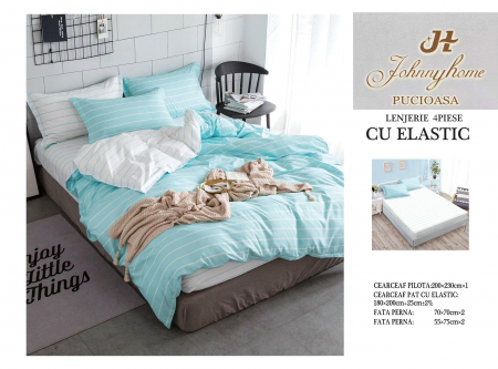 LENJERII DE PAT - Lenjerie De Pat Bumbac Satinat Cu Elastic - Bleu Cu Dungi Albe