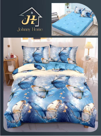 LENJERII DE PAT - Lenjerie De Pat Bumbac Satinat Cu Elastic - Bleu Cu Fluturi