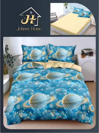 LENJERII DE PAT - Lenjerie De Pat Bumbac Satinat Cu Elastic - Bleu Cu Planete