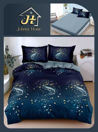 LENJERII DE PAT - Lenjerie De Pat Bumbac Satinat Cu Elastic - Bleumarin Cu Note Muzicale