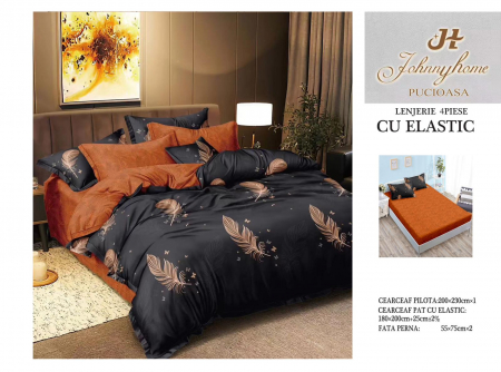 Cearceaf cu elastic - Lenjerie De Pat Bumbac Satinat Cu Elastic - Caramiziu Pene