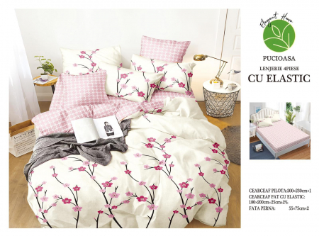 Cearceaf cu elastic - Lenjerie De Pat Bumbac Satinat Cu Elastic - Crengute Inflorite
