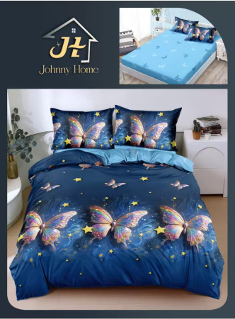 Bumbac Satinat Superior - Lenjerie De Pat Bumbac Satinat Cu Elastic - Fluturi Colorati Si Stelute