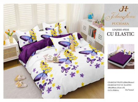 Cearceaf cu elastic - Lenjerie De Pat Bumbac Satinat Cu Elastic - Fluturi Mov