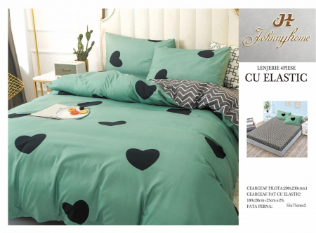 Bumbac Satinat Superior - Lenjerie De Pat Bumbac Satinat Cu Elastic - Green/Hearts