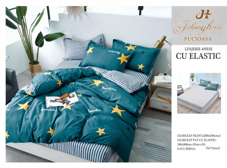 LENJERII DE PAT - Lenjerie De Pat Bumbac Satinat Cu Elastic - Verde Cu Stelute Galbene