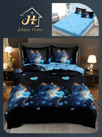 Bumbac Satinat Superior - Lenjerie De Pat Bumbac Satinat Cu Elastic - Inima Albastra De Pisica