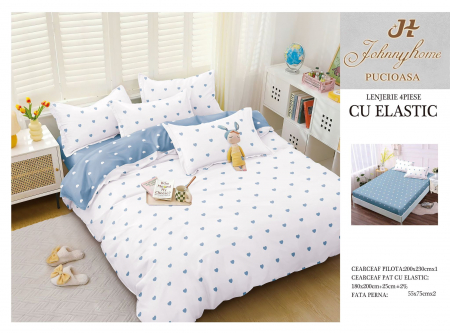 Cearceaf cu elastic - Lenjerie De Pat Bumbac Satinat Cu Elastic - Inimioare Bleu