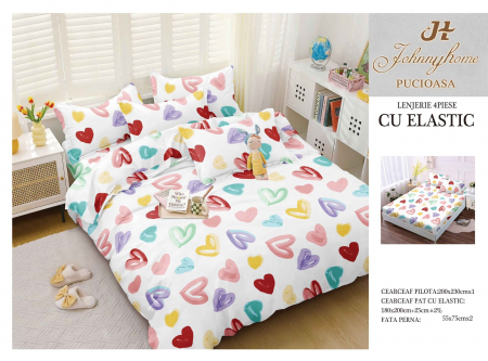 LENJERII DE PAT - Lenjerie De Pat Bumbac Satinat Cu Elastic - Inimioare Multicolor