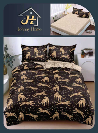 Bumbac Satinat Superior - Lenjerie De Pat Bumbac Satinat Cu Elastic - Negru Cu Leoparzi