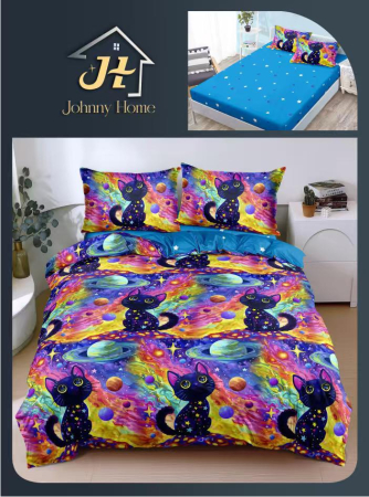 LENJERII DE PAT - Lenjerie De Pat Bumbac Satinat Cu Elastic - Pisicute In Spatiu Colorat