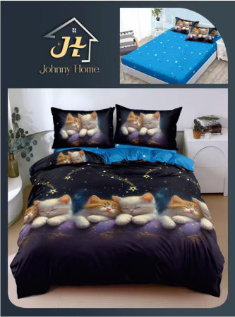 Bumbac Satinat Superior - Lenjerie De Pat Bumbac Satinat Cu Elastic - Pisicute Somnoroase