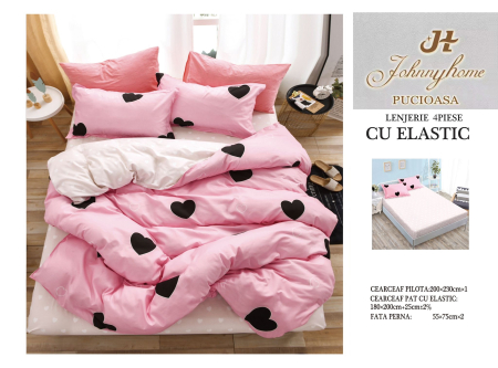 LENJERII DE PAT - Lenjerie De Pat Bumbac Satinat Cu Elastic - Roz Cu Inimioare