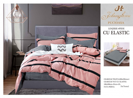 LENJERII DE PAT - Lenjerie De Pat Bumbac Satinat Cu Elastic - Roz Dungi