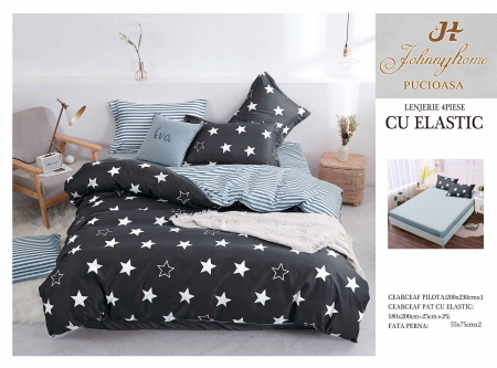 LENJERII DE PAT - Lenjerie De Pat Bumbac Satinat Cu Elastic - Stelute Albe