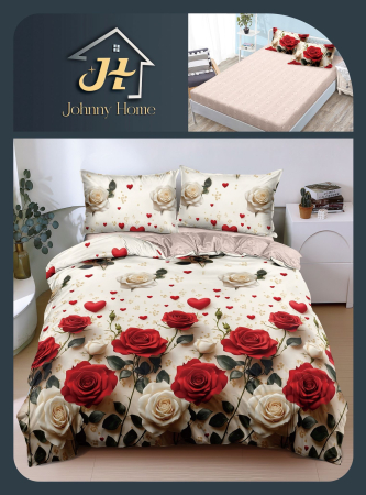 LENJERII DE PAT - Lenjerie De Pat Bumbac Satinat Cu Elastic - Trandafiri Si Inimioare