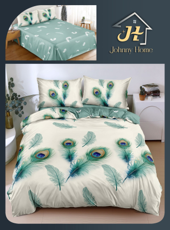 LENJERII DE PAT - Lenjerie De Pat Bumbac Satinat Superior - Alb Cu Pene Verzi