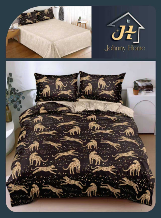 LENJERII DE PAT - Lenjerie De Pat Bumbac Satinat Superior - Negru Cu Leoparzi