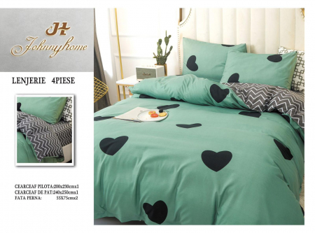 Bumbac Satinat Superior - Lenjerie De Pat Bumbac Satinat Superior - Verde Cu Inimi