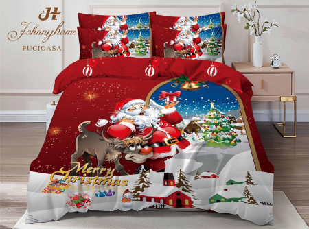 Bumbac Tip Finet 6 Piese - Lenjerie De Pat Bumbac Tip Finet Model Craciun - Mos Craciun Cu Renul Rudolph