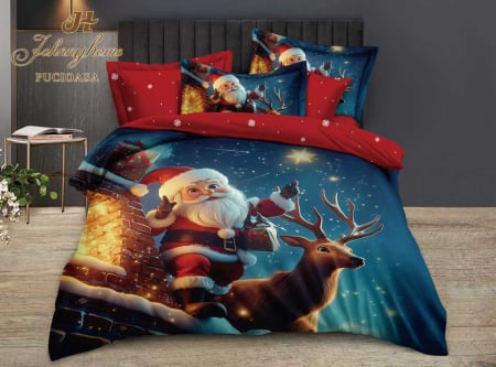 Lenjerie De Pat Bumbac Tip Finet Model Craciun - Mos Craciun Pe Acoperis Finet Pat Dublu - Crăciun - Lenjerie De Pat Bumbac Tip Finet Model Craciun - Mos Craciun Pe Acoperis