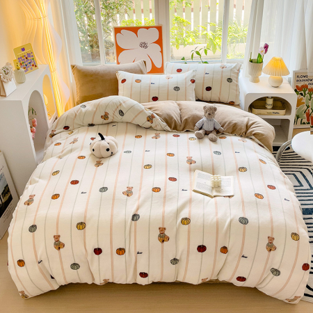 Lenjerii Cocolino - Pat Dublu - Lenjerie De Pat Cocolino 4 Piese Cu Cearceaf Pat Mare - Bej Cu Dovleci Si Ursuleti