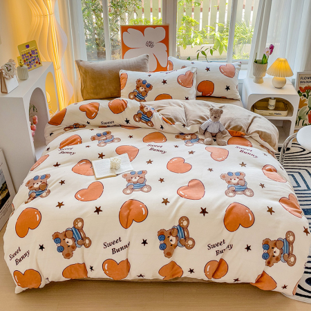 Lenjerii Cocolino - Pat Dublu - Lenjerie De Pat Cocolino 4 Piese Cu Cearceaf Pat Mare - Bej Cu Ursuleti Si Inimioare