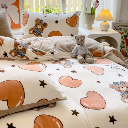 Lenjerie De Pat Cocolino 4 Piese Cu Cearceaf Pat Mare - Bej Cu Ursuleti Si Inimioare [10]