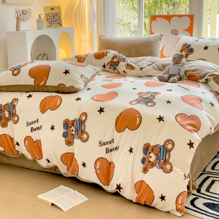 Lenjerie De Pat Cocolino 4 Piese Cu Cearceaf Pat Mare - Bej Cu Ursuleti Si Inimioare [11]