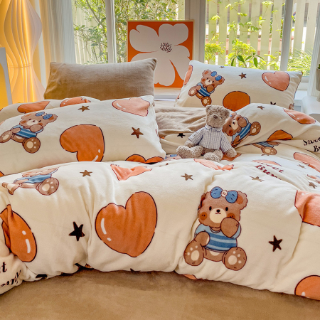 Lenjerie De Pat Cocolino 4 Piese Cu Cearceaf Pat Mare - Bej Cu Ursuleti Si Inimioare [14]