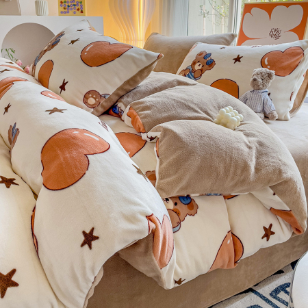 Lenjerie De Pat Cocolino 4 Piese Cu Cearceaf Pat Mare - Bej Cu Ursuleti Si Inimioare [6]