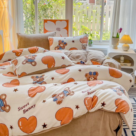 Lenjerie De Pat Cocolino 4 Piese Cu Cearceaf Pat Mare - Bej Cu Ursuleti Si Inimioare [8]