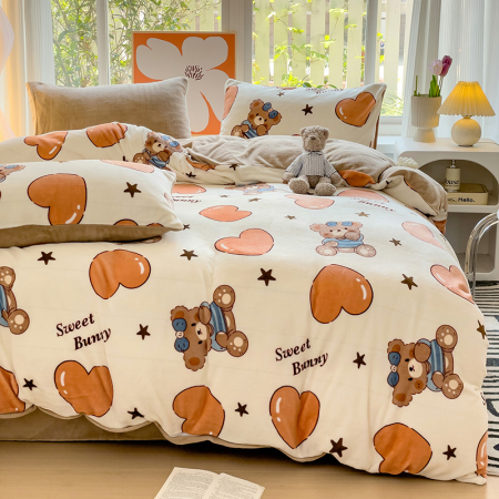 Lenjerie De Pat Cocolino 4 Piese Cu Cearceaf Pat Mare - Bej Cu Ursuleti Si Inimioare [9]