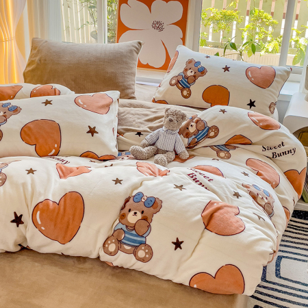Lenjerie De Pat Cocolino 4 Piese Cu Cearceaf Pat Mare - Bej Cu Ursuleti Si Inimioare [15]