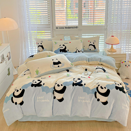 Lenjerie De Pat Cocolino 4 Piese Cu Cearceaf Pat Mare - Bleu Cu Ursuleti Panda [3]