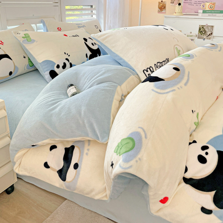 Lenjerie De Pat Cocolino 4 Piese Cu Cearceaf Pat Mare - Bleu Cu Ursuleti Panda [19]