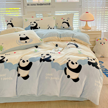 Cearceaf normal 4 piese - Lenjerie De Pat Cocolino 4 Piese Cu Cearceaf Pat Mare - Bleu Cu Ursuleti Panda