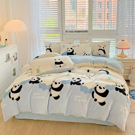 Lenjerie De Pat Cocolino 4 Piese Cu Cearceaf Pat Mare - Bleu Cu Ursuleti Panda [5]