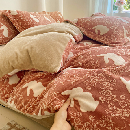 Lenjerie De Pat Cocolino 4 Piese Cu Cearceaf Pat Mare - Caramiziu Cu Iepurasi [16]