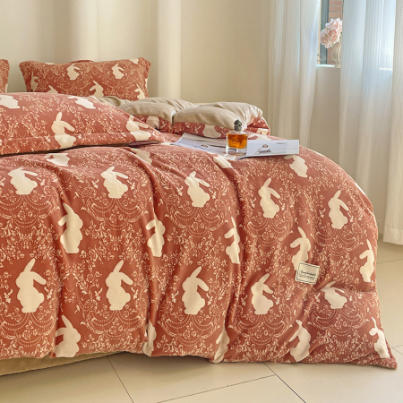 Cearceaf normal 4 piese - Lenjerie De Pat Cocolino 4 Piese Cu Cearceaf Pat Mare - Caramiziu Cu Iepurasi