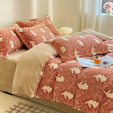 Lenjerie De Pat Cocolino 4 Piese Cu Cearceaf Pat Mare - Caramiziu Cu Iepurasi [15]