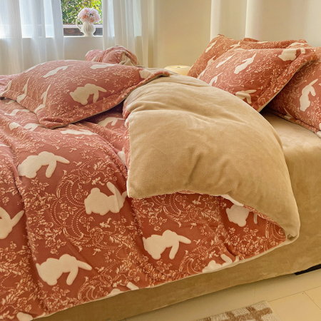 Lenjerie De Pat Cocolino 4 Piese Cu Cearceaf Pat Mare - Caramiziu Cu Iepurasi [7]