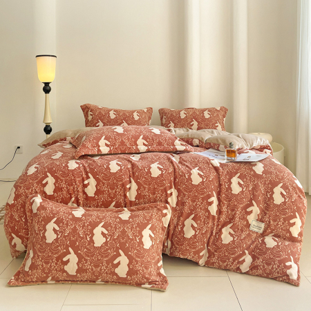 Lenjerie De Pat Cocolino 4 Piese Cu Cearceaf Pat Mare - Caramiziu Cu Iepurasi [8]