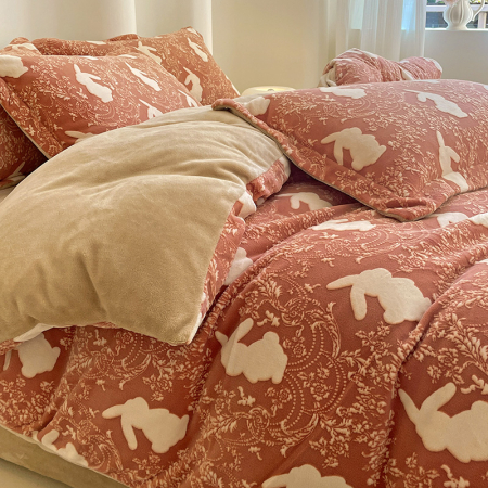 Lenjerie De Pat Cocolino 4 Piese Cu Cearceaf Pat Mare - Caramiziu Cu Iepurasi [14]