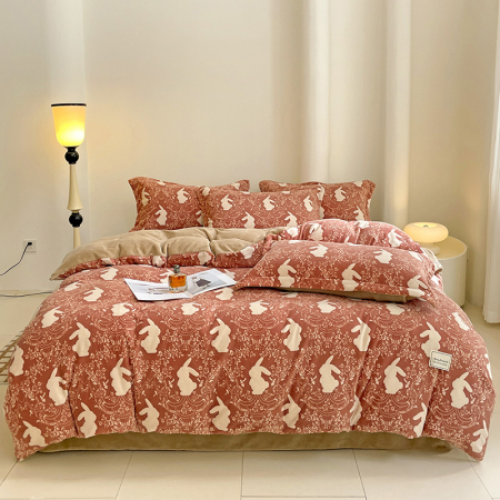 Lenjerie De Pat Cocolino 4 Piese Cu Cearceaf Pat Mare - Caramiziu Cu Iepurasi [3]