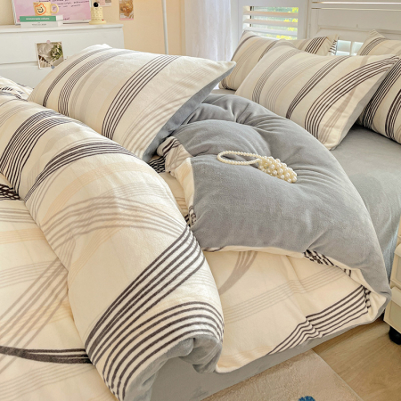 Lenjerie De Pat Cocolino 4 Piese Cu Cearceaf Pat Mare - Gri Cu Dungi Moderne [11]