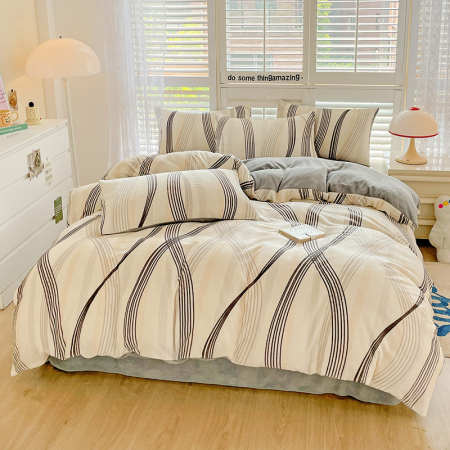 Lenjerie De Pat Cocolino 4 Piese Cu Cearceaf Pat Mare - Gri Cu Dungi Moderne [4]