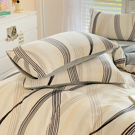 Lenjerie De Pat Cocolino 4 Piese Cu Cearceaf Pat Mare - Gri Cu Dungi Moderne [7]