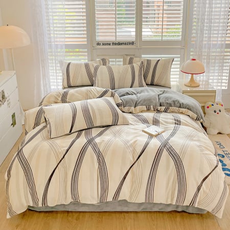 Lenjerii Cocolino - Pat Dublu - Lenjerie De Pat Cocolino 4 Piese Cu Cearceaf Pat Mare - Gri Cu Dungi Moderne