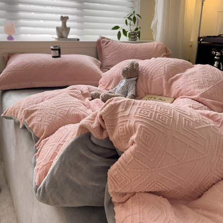 Lenjerie De Pat Cocolino 4 Piese Cu Cearceaf Pat Mare - Gri Si Roz In Relief [17]